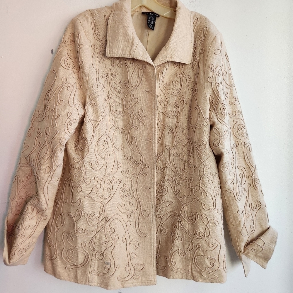 Dialogue Boho Beige Women Long Sleeve Linen Cotton Embroidered Jacket size Large